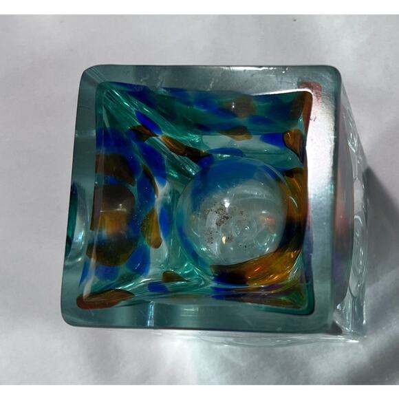 Adam Jablonski Art Glass Oil Burner Multicolor Hand Blown Glass Cube Sculpture - Picture 3 of 4